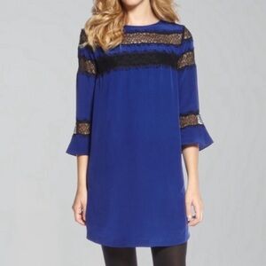 Rebecca Taylor Royal Blue Dress with Black Lace 3/4 Sleeve Silk